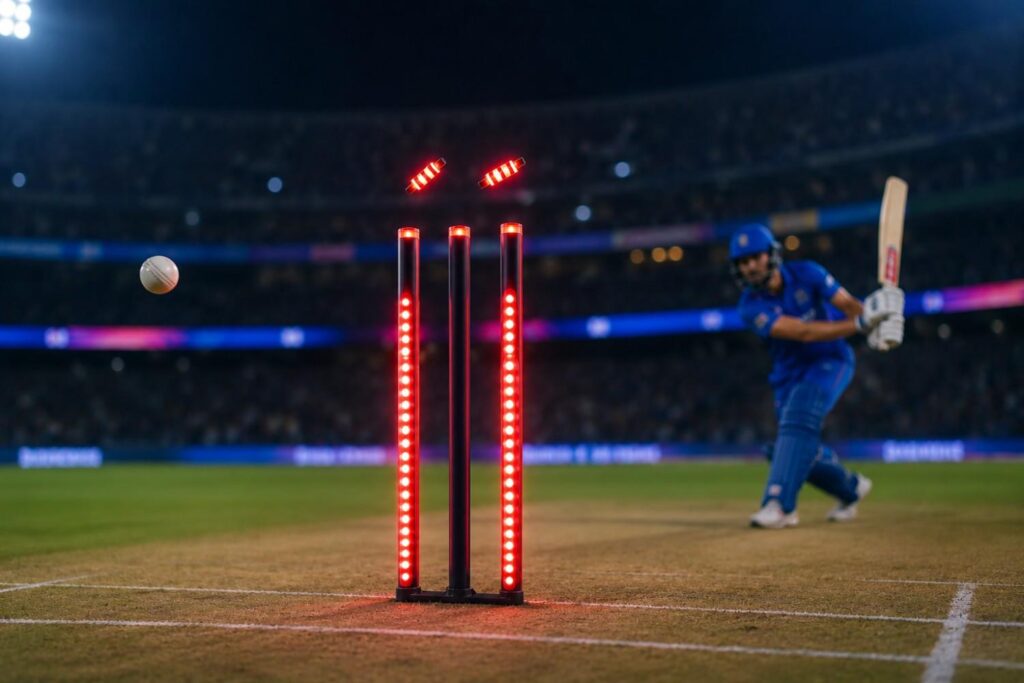 BCCI IPL match with LED wickets installed at the pitch showing cricket stump technology in action