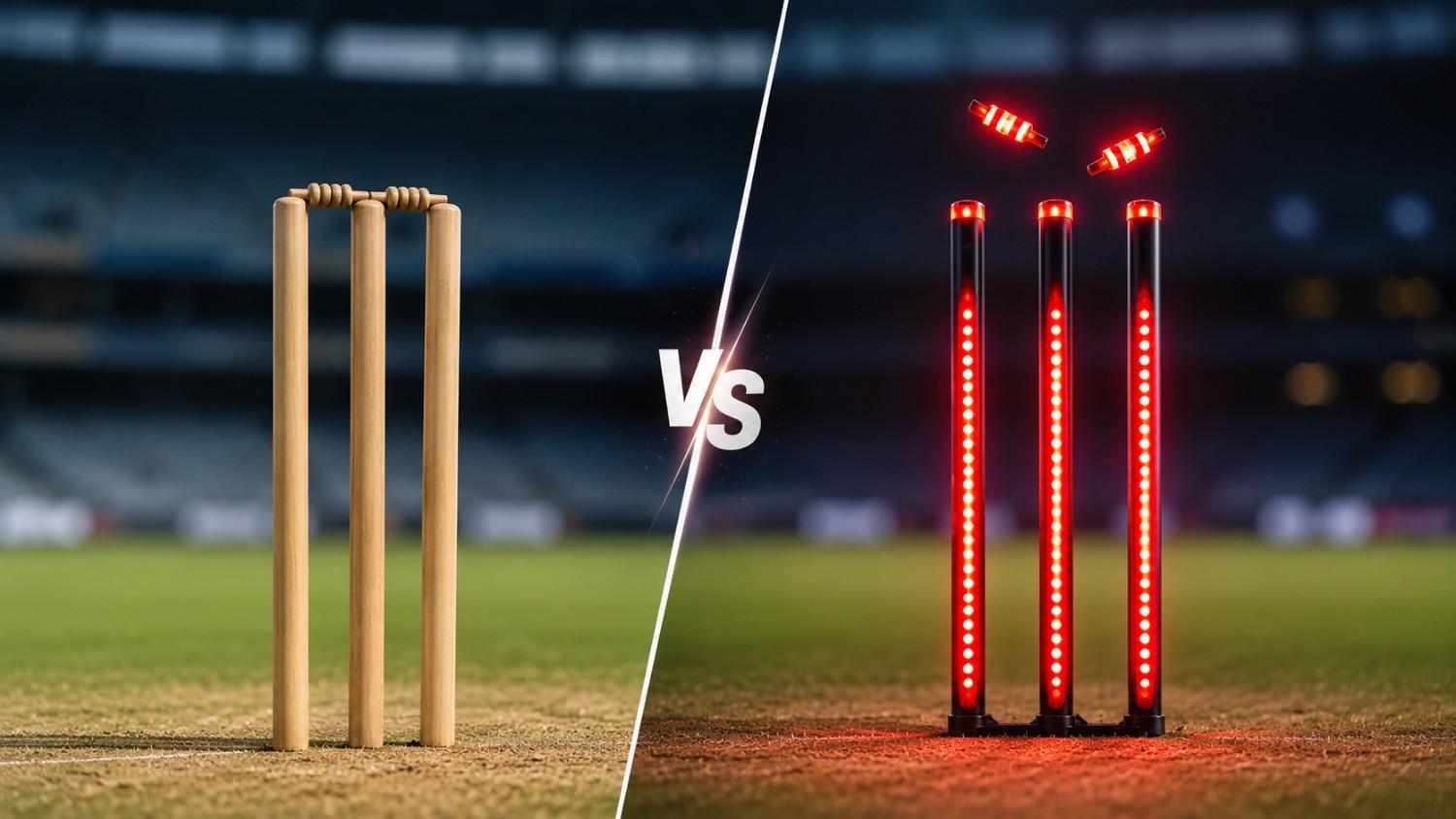 Comparison of regular wooden cricket stumps versus expensive LED stumps used in IPL matches