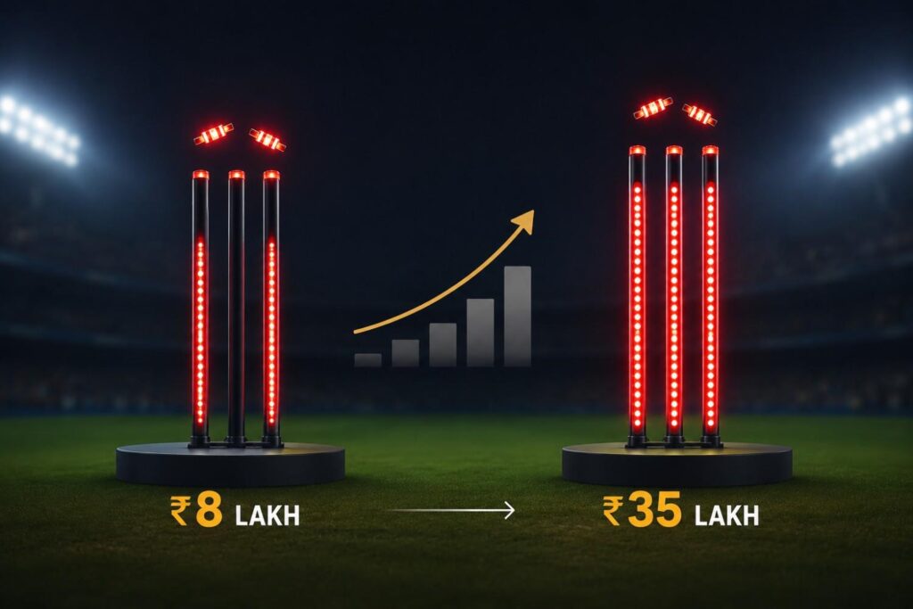 Cricket stump price comparison chart showing IPL LED stumps cost between ₹8 lakh and ₹35 lak