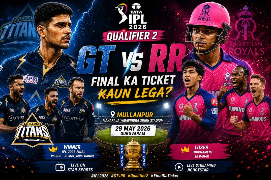 GT vs RR Qualifier 2 IPL 2026 featured image showing players in a dramatic playoff showdown at Mullanpur Stadium for a place in the IPL 2026 Final.