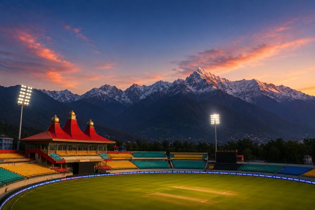 HPCA Stadium Dharamsala surrounded by Himalayan mountains during an IPL evening match