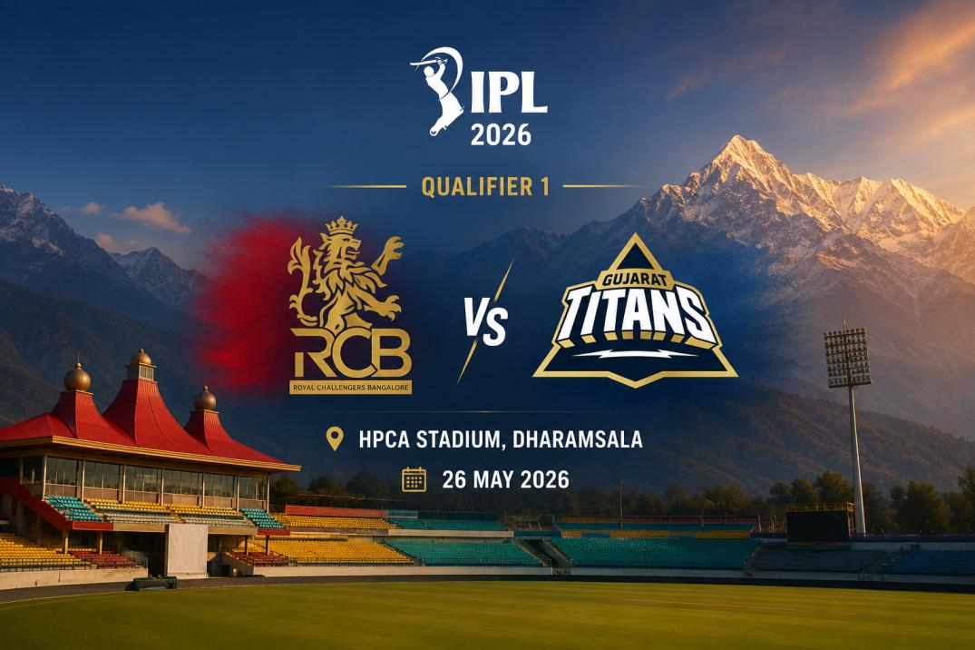 IPL 2026 Qualifier 1 RCB vs GT match poster at HPCA Stadium Dharamsala on 26 May 2026