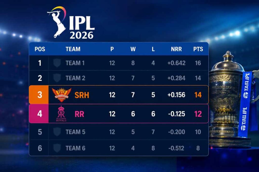 IPL 2026 points table showing SRH third and RR fourth