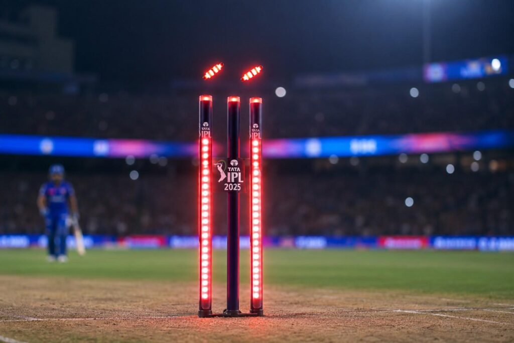 LED cricket stumps lighting up during an IPL 2025 match at a BCCI stadium in India