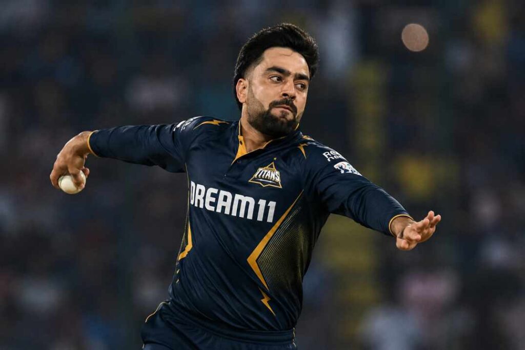 Rashid Khan bowling for Gujarat Titans in IPL 2026 Qualifier 2 GT vs RR Match