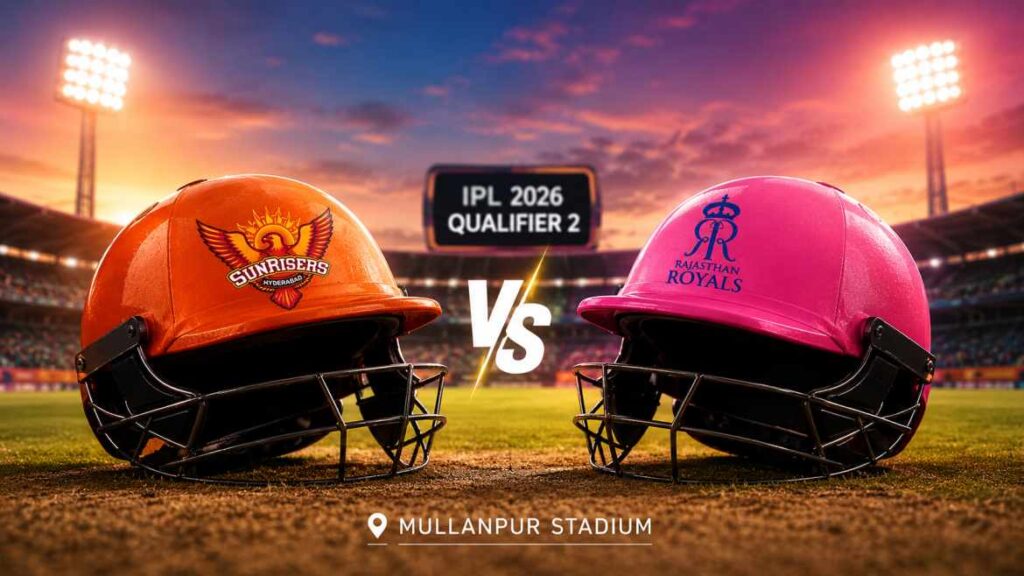 SRH vs RR IPL 2026 Qualifier 2 match preview poster at Mullanpur stadium