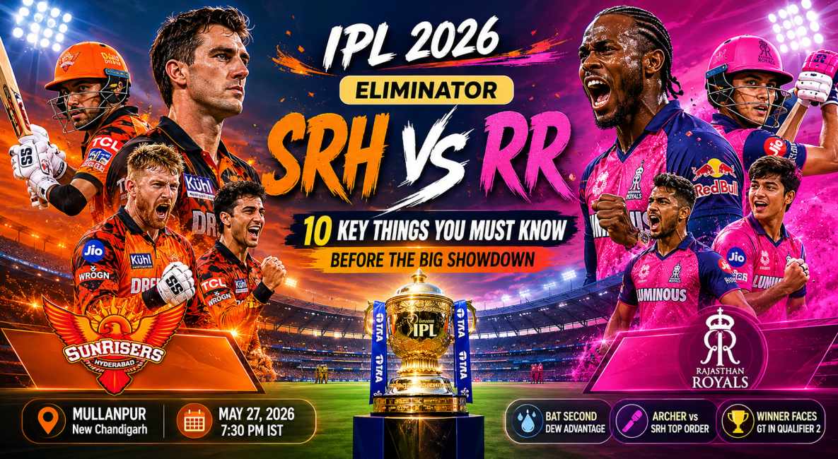 SRH vs RR IPL 2026 Qualifier 2 match preview poster at Mullanpur stadium