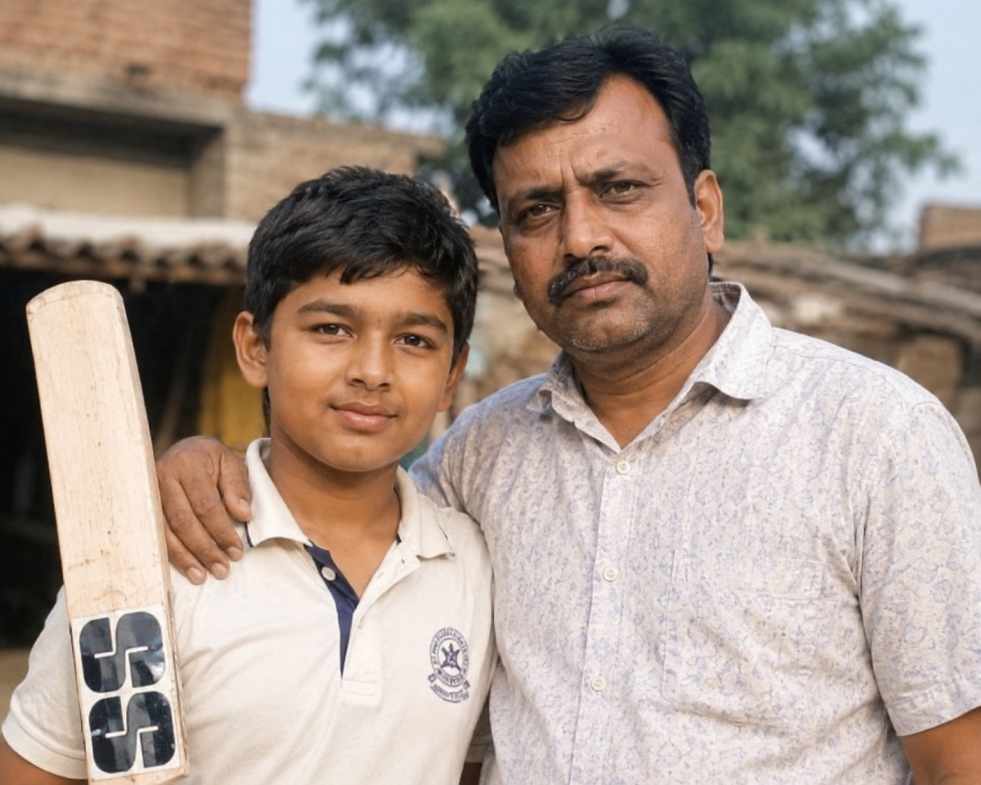 Vaibhav Suryavanshi apne pitaji Sanjiv Suryavanshi ke saath Tajpur Bihar mein bachpan ki photo