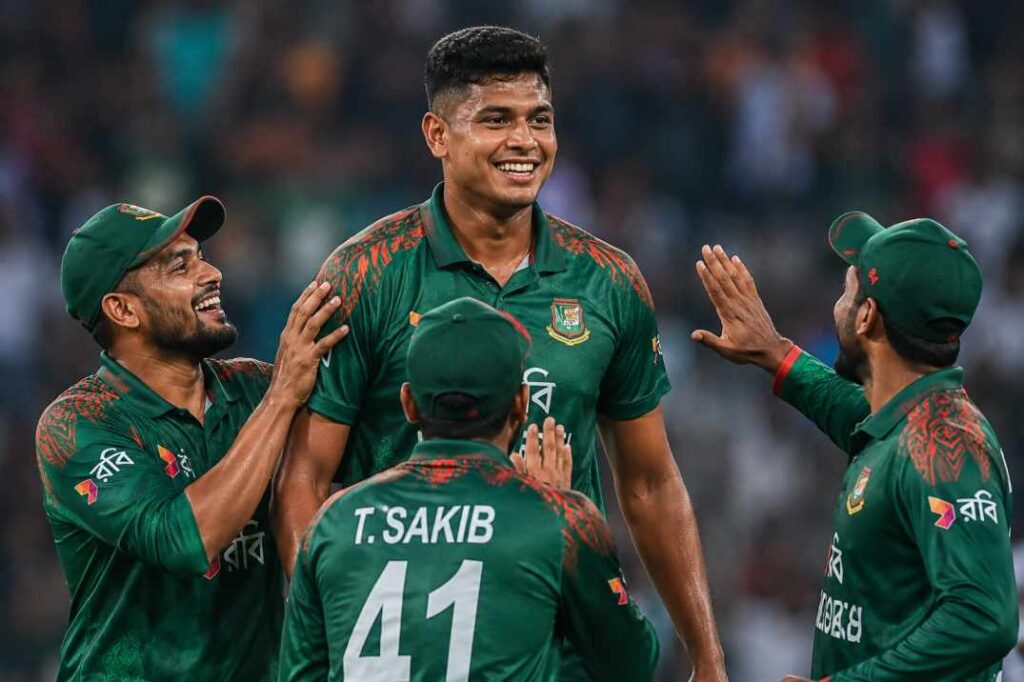 Nahid Rana celebrates with Bangladesh teammates after taking four wickets against Australia in the first ODI, Dhaka, June 2026