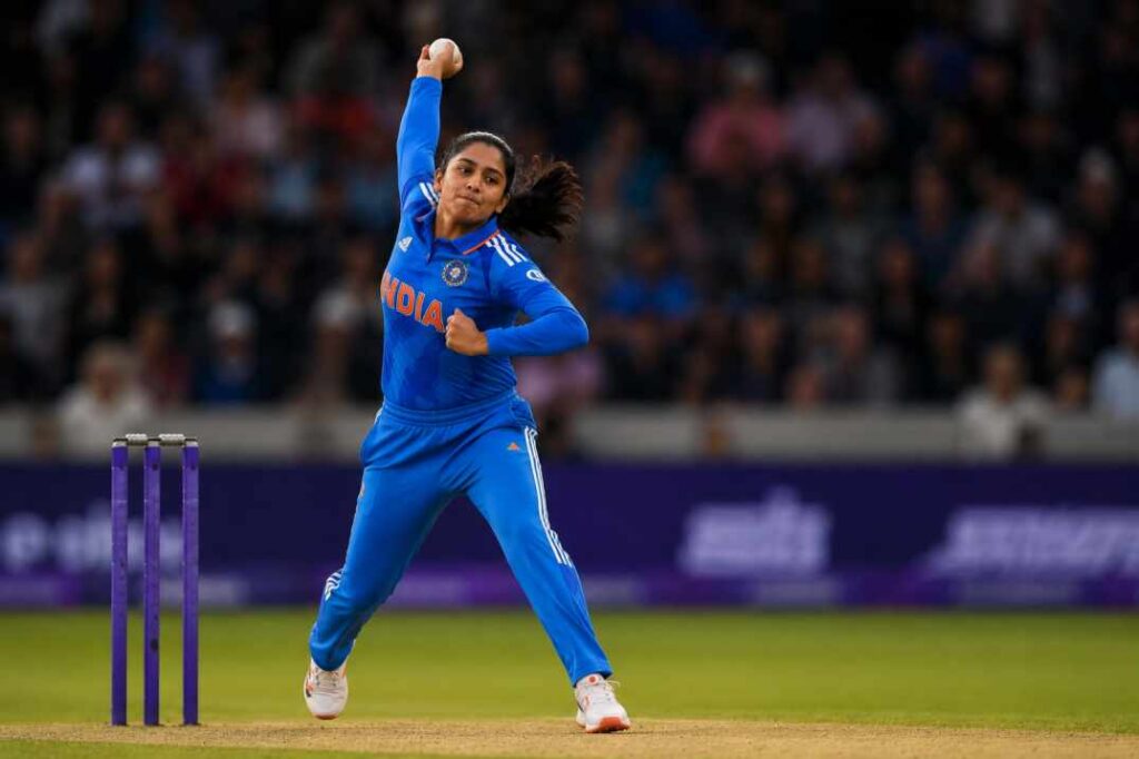 Shree Charani bowling for India Women against England in 2nd T20I at Bristol — 3 wickets spell in 2026 series