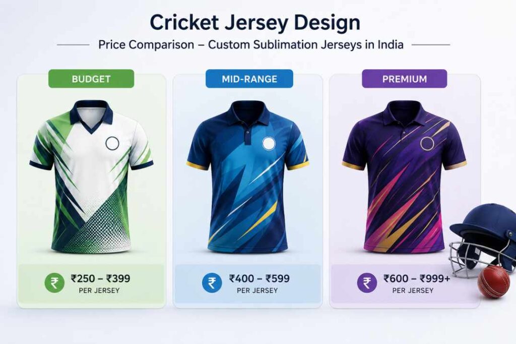 Cricket jersey design price comparison table showing budget to premium custom sublimation jersey options in India