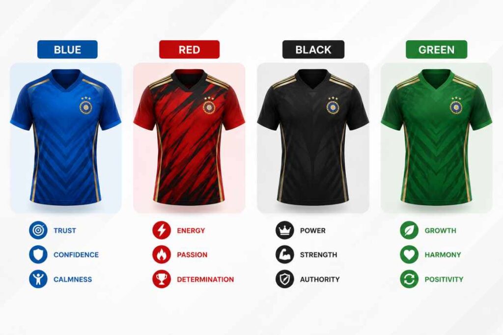 Color psychology chart for cricket jersey design showing blue, red, black and green color meanings for Indian teams