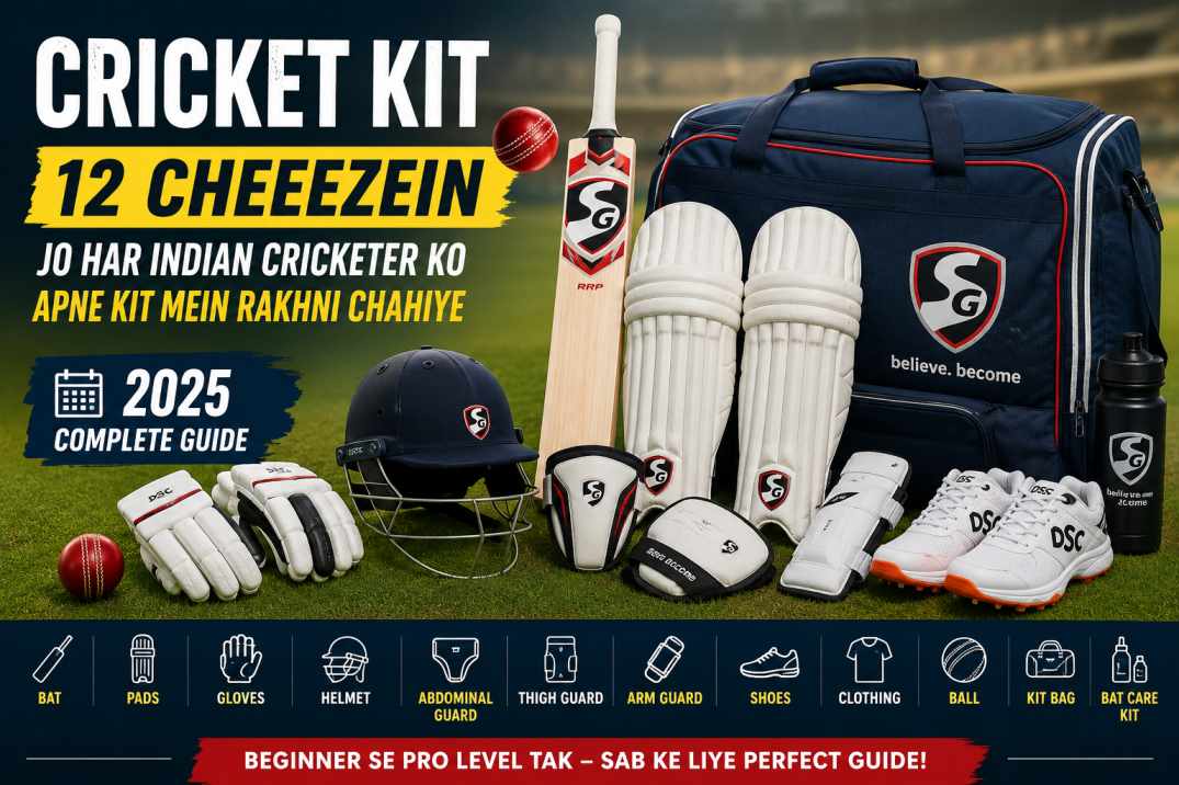 Complete cricket kit with bat, pads, gloves, helmet and protective gear for Indian cricketers
