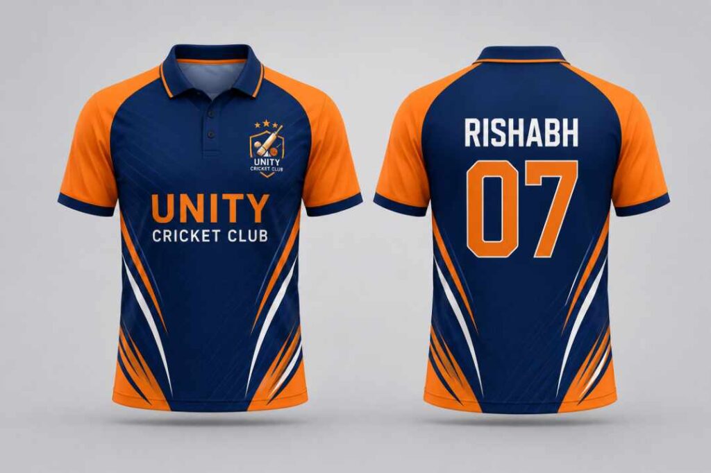 Custom cricket jersey design mockup with team name, player number and logo for school club tournament India