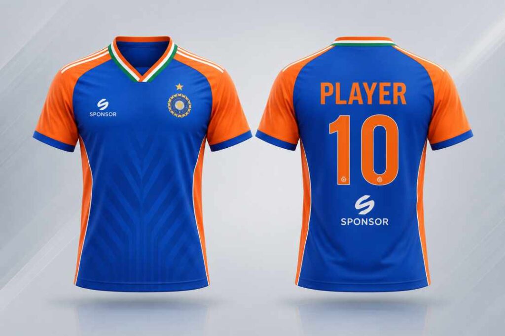Cricket jersey design layout showing front and back placement of team logo, player name, number and sponsor