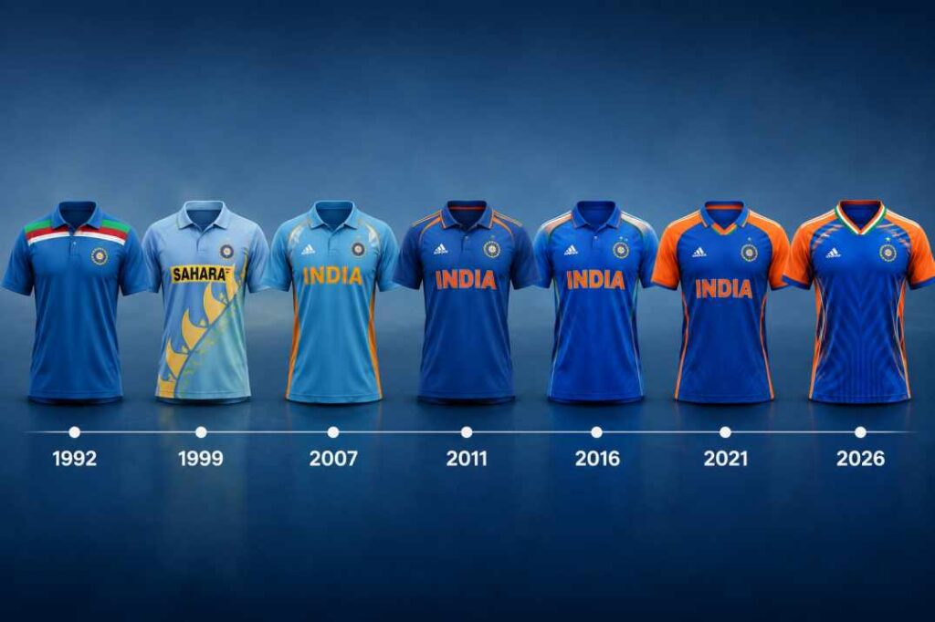 Evolution of Team India cricket jersey design from 1992 to T20 World Cup 2026 showing BCCI Adidas kits