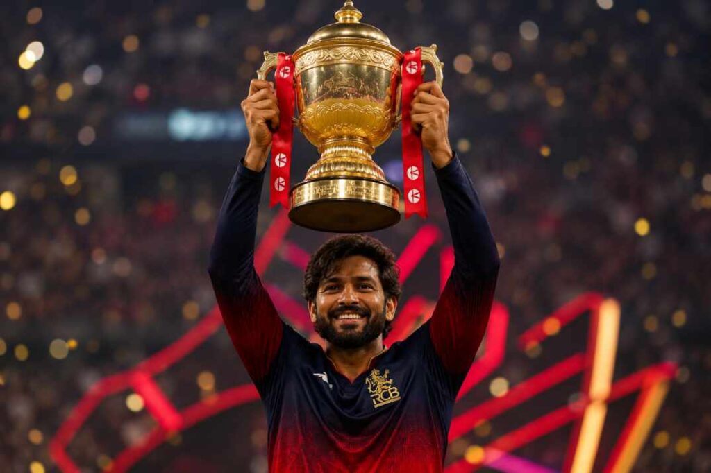 RCB captain Rajat Patidar lifting the IPL 2026 trophy after beating Gujarat Titans in final
