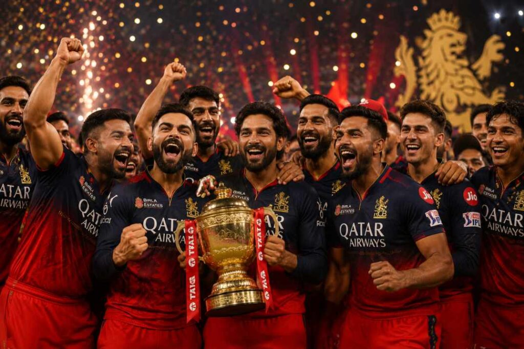 RCB IPL 2026 trophy celebration — Royal Challengers Bengaluru back-to-back champions
