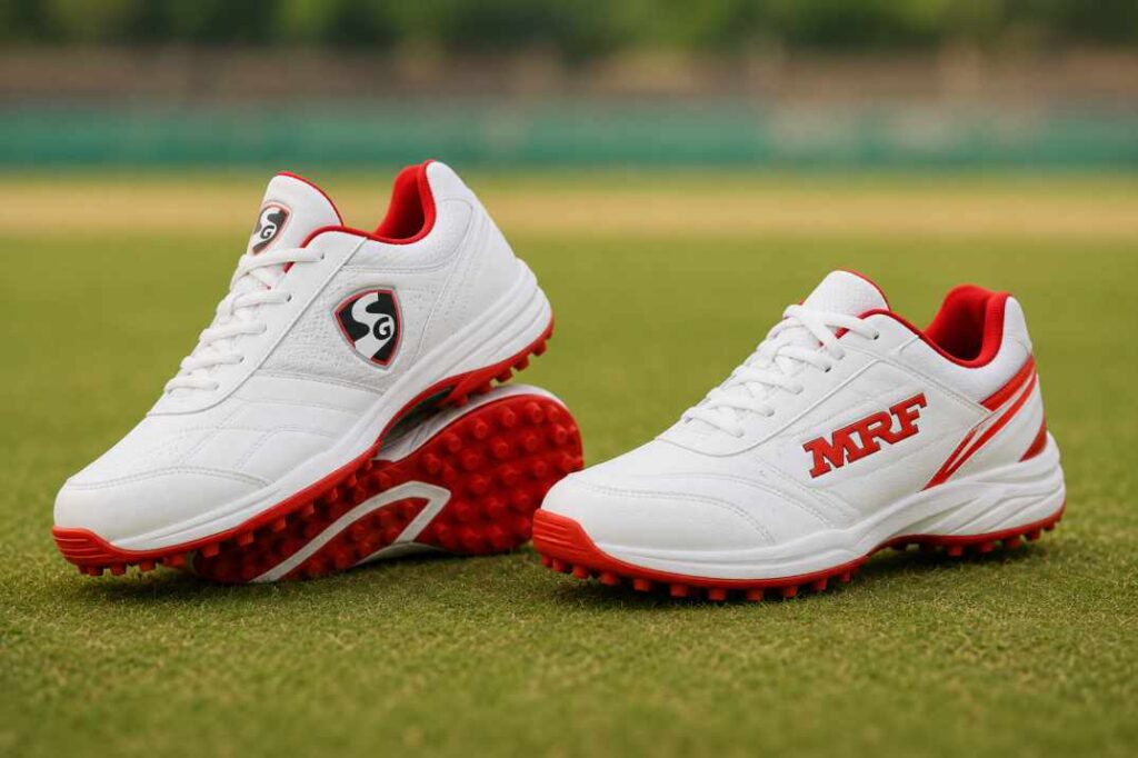 SG and MRF cricket shoes with rubber studs for Indian cricket players