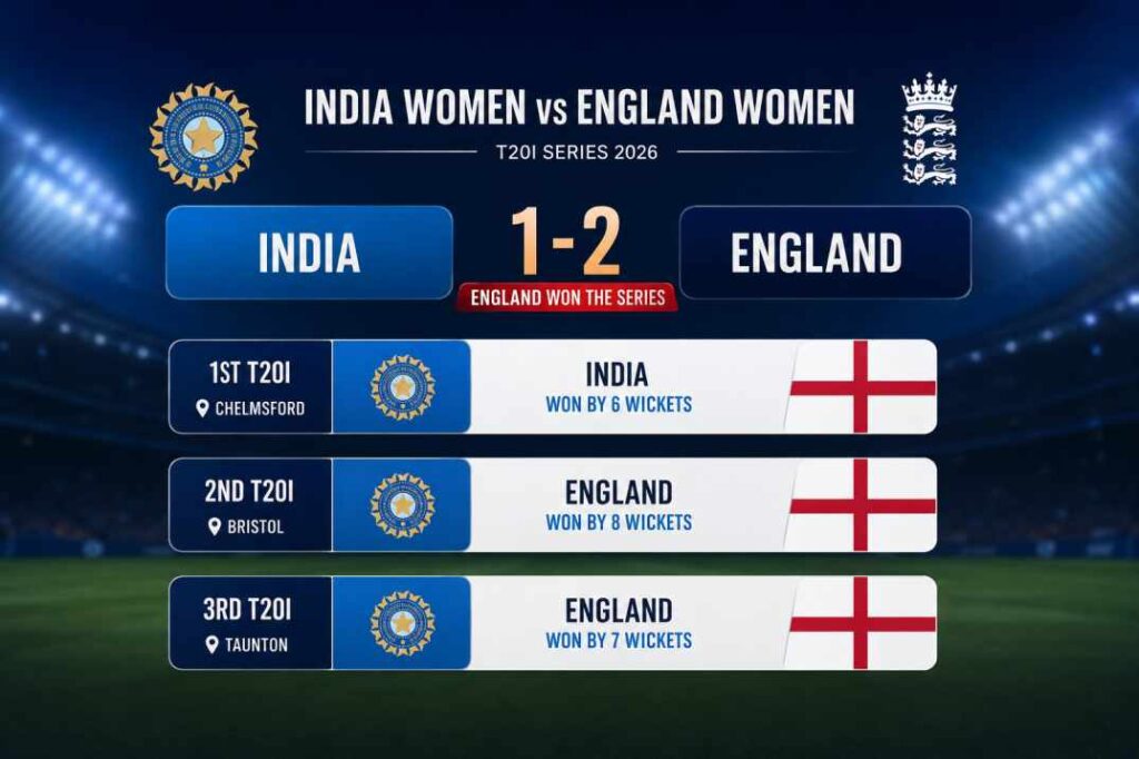 India vs England T20 Women Match 2026 series scorecard showing 2-1 England win with match-by-match results