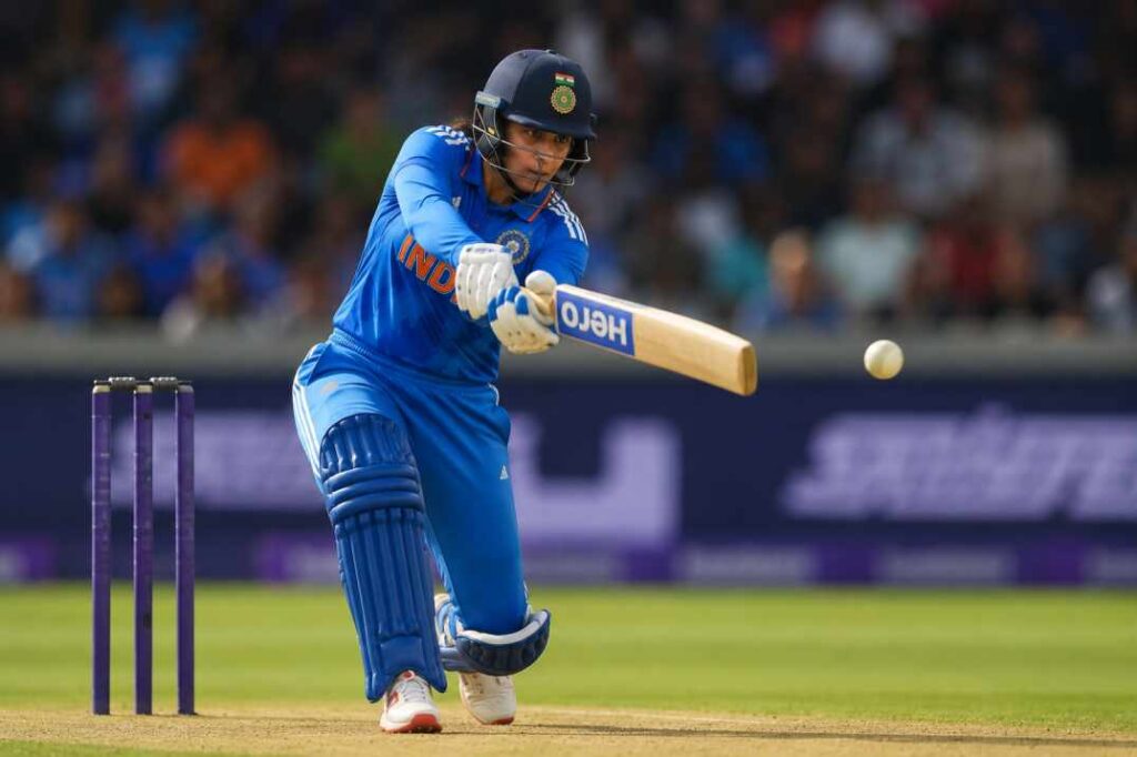 Smriti Mandhana playing cover drive during India Women vs England Women T20I series — vice-captain leading from the front