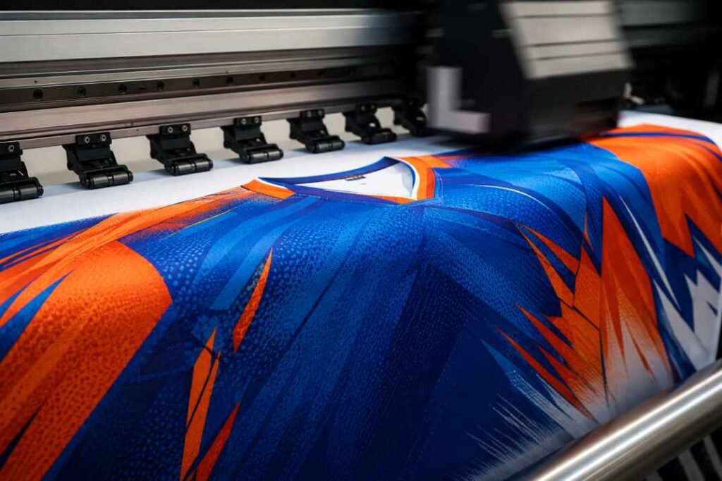 Sublimation printing process for custom cricket jersey design showing vibrant all-over print result