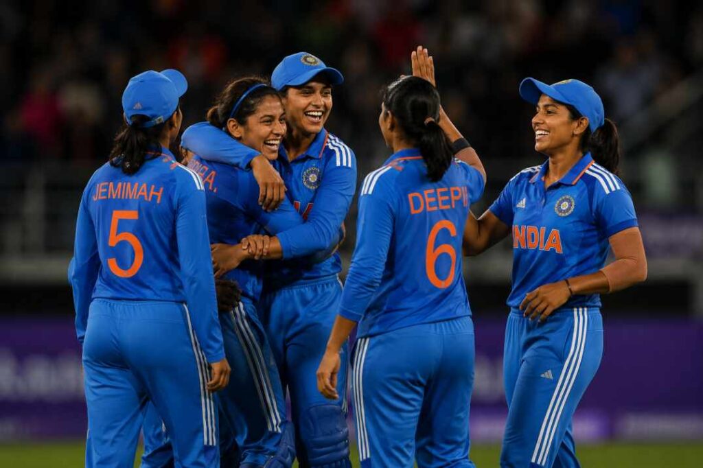 India Women cricket team celebrating after winning 1st T20I against England Women at County Ground Chelmsford 2026
