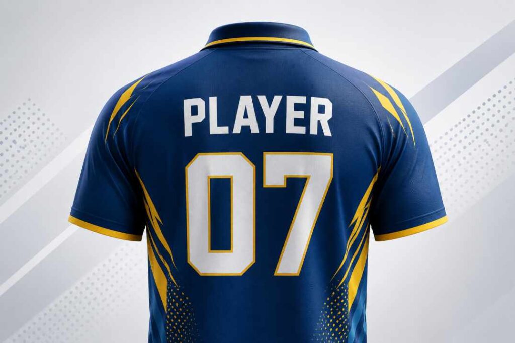Cricket jersey typography showing bold block font player name and number placement on back of sports jersey